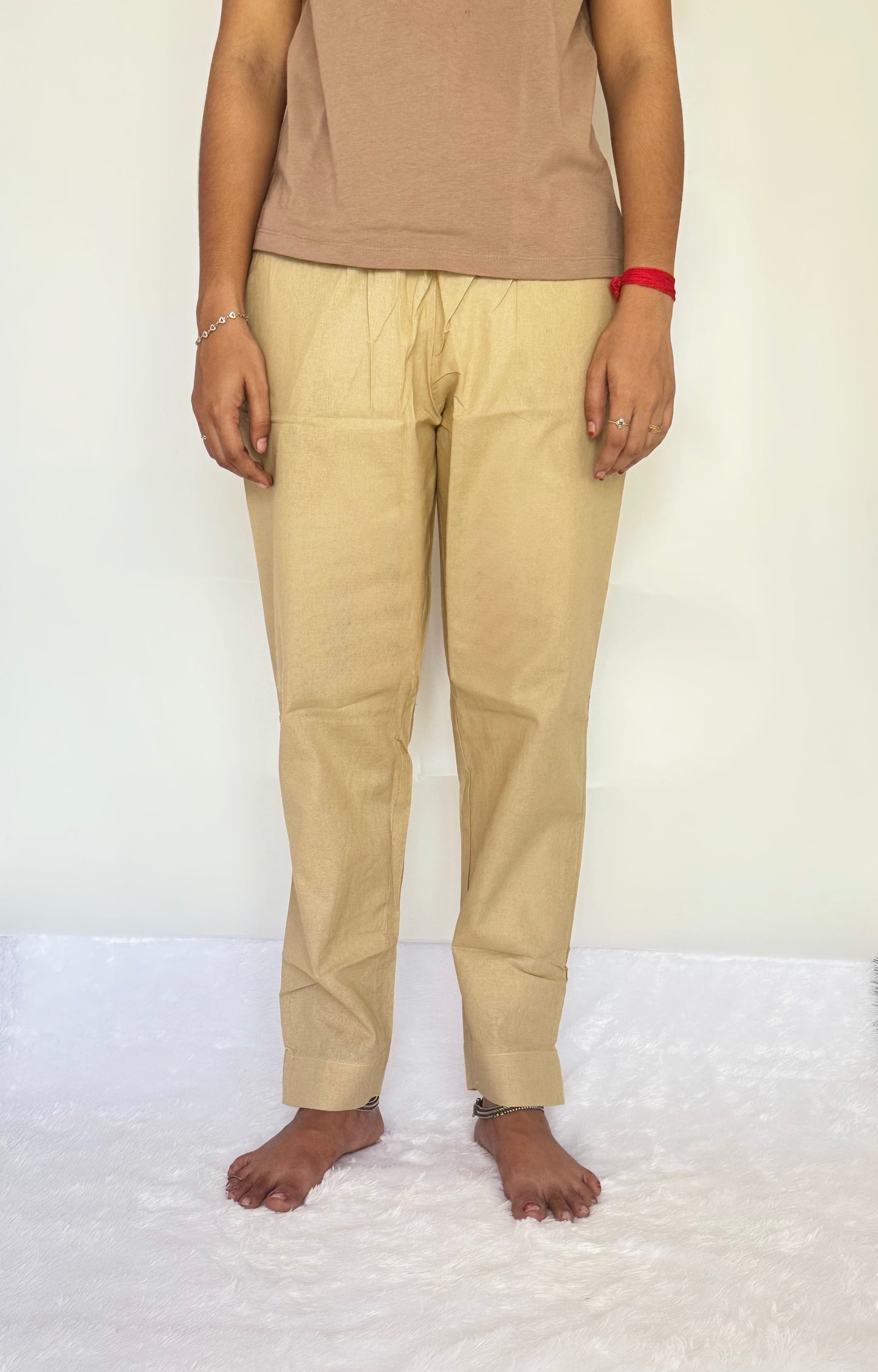 Beige Cotton Straight pant