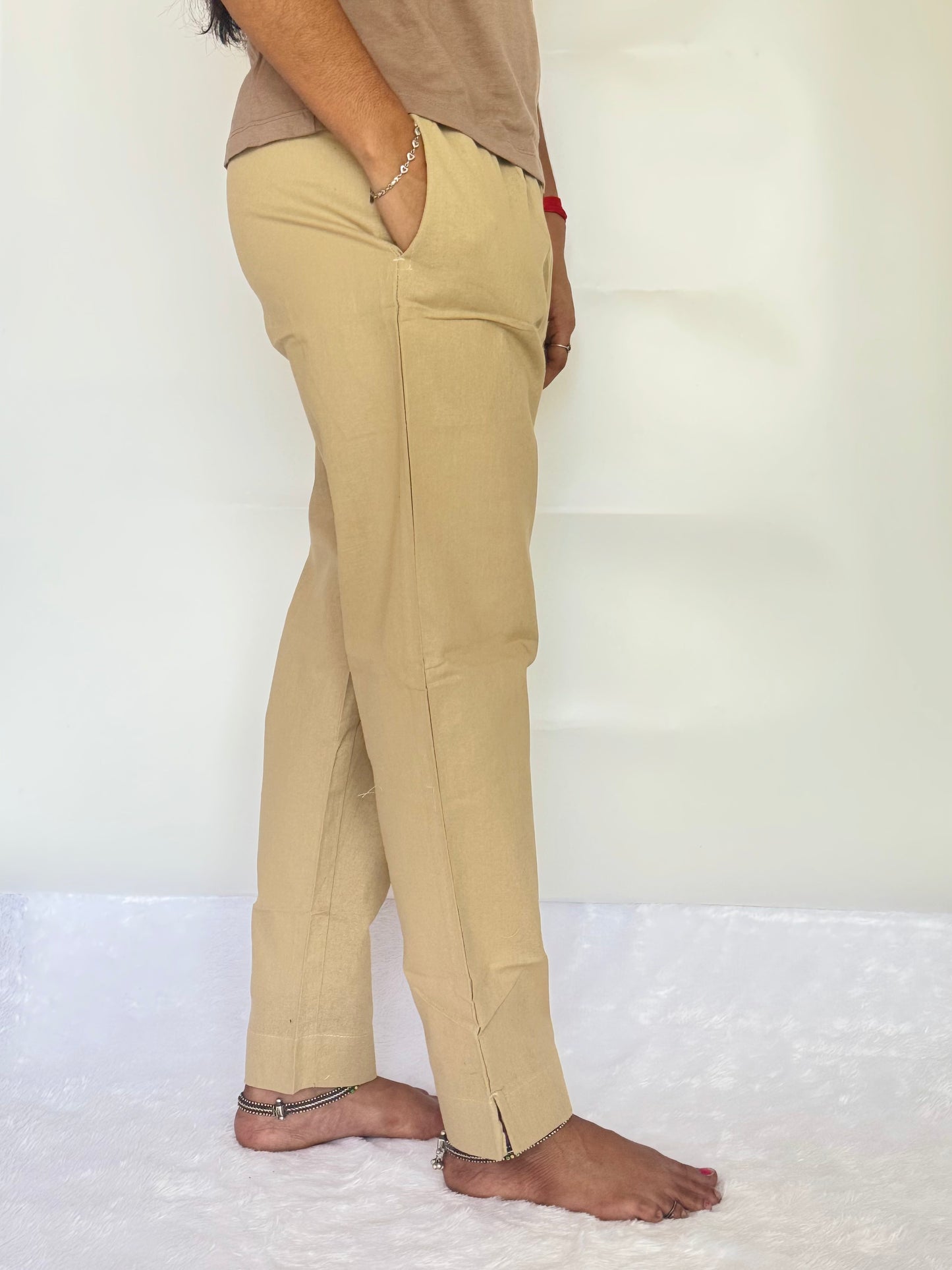 Beige Cotton Straight pant