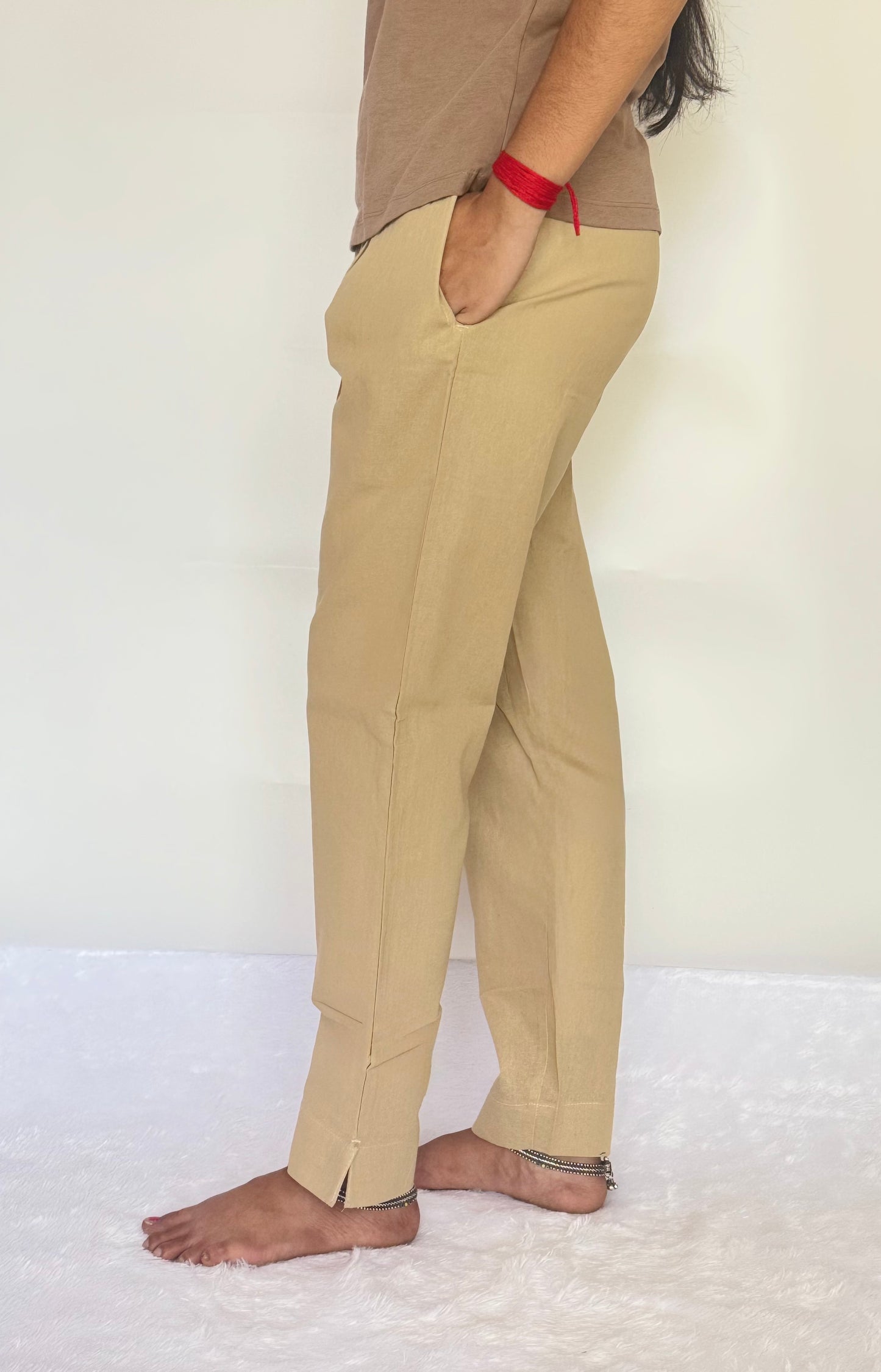 Beige Cotton Straight pant