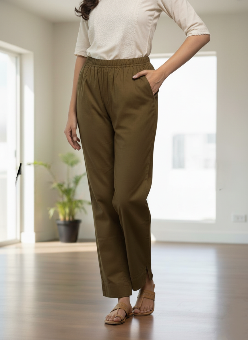 Womens's Cotton Straight pant Dark Olive