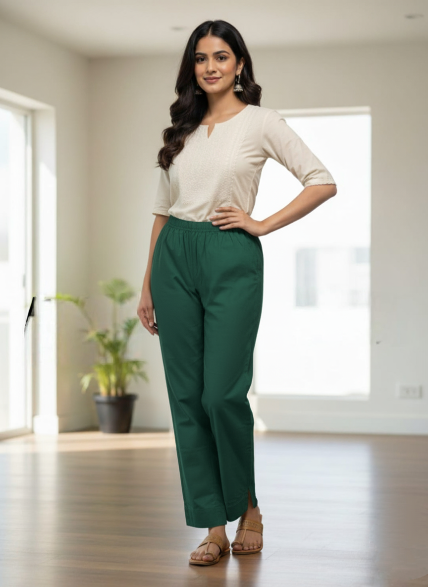 Womens's Cotton Straight pant Bottle Green