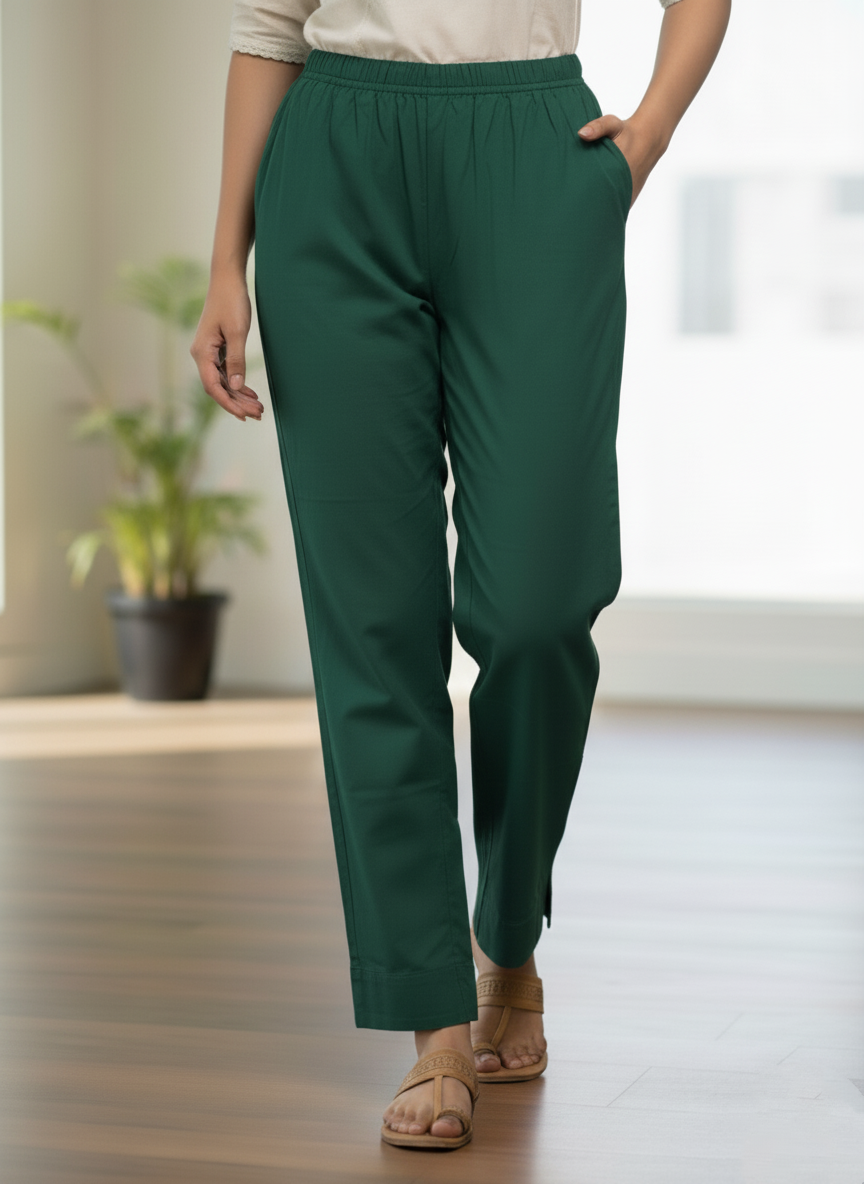 Womens's Cotton Straight pant Bottle Green