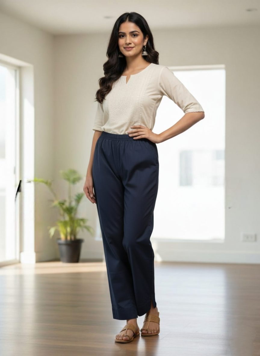 Womens's Cotton Straight pant Navy Blue