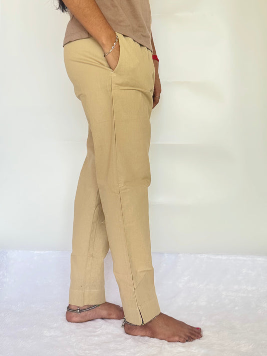 Beige Cotton Straight pant